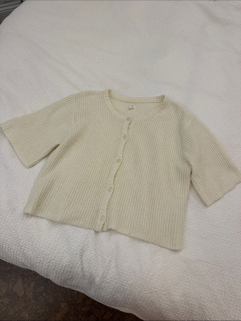 aerie Cream Short-Sleeve Button-Front Knit Cardigan